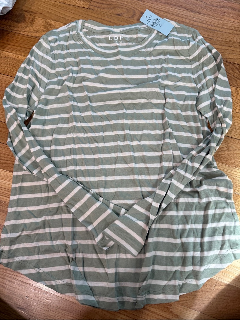 Ann Taylor LOFT long sleeve T-shirt, petite medium- light green with stripes